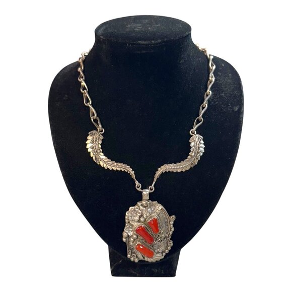 Vintage Navajo Justin Morris Sterling Silver Necklace Red Coral SW Signed Boho - Picture 1 of 10